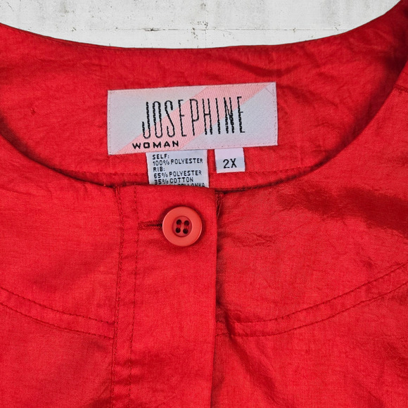 80s Vintage Bright Cherry Red Hidden Button Crewneck Bomber Jacket Size 2X - Picture 2 of 8